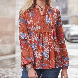 Sundance Rust Floral Lace Peasant Blouse Size Large Boho Peasant Blouse